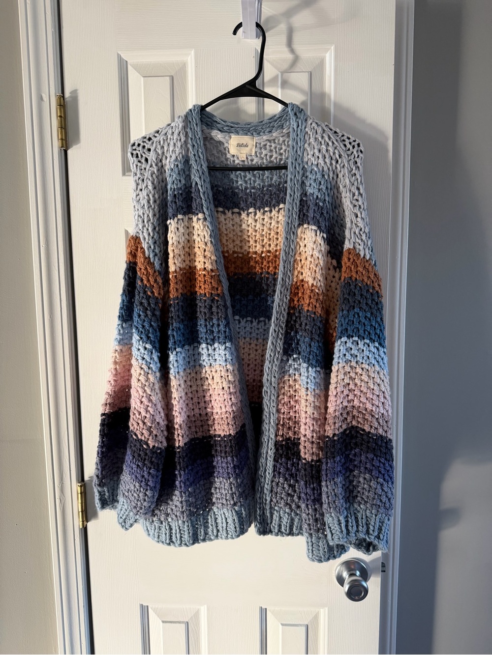 Listicle Chunky Multi-Stripe Open Cardigan - Blue, Pink, Brown - from Blu Halo